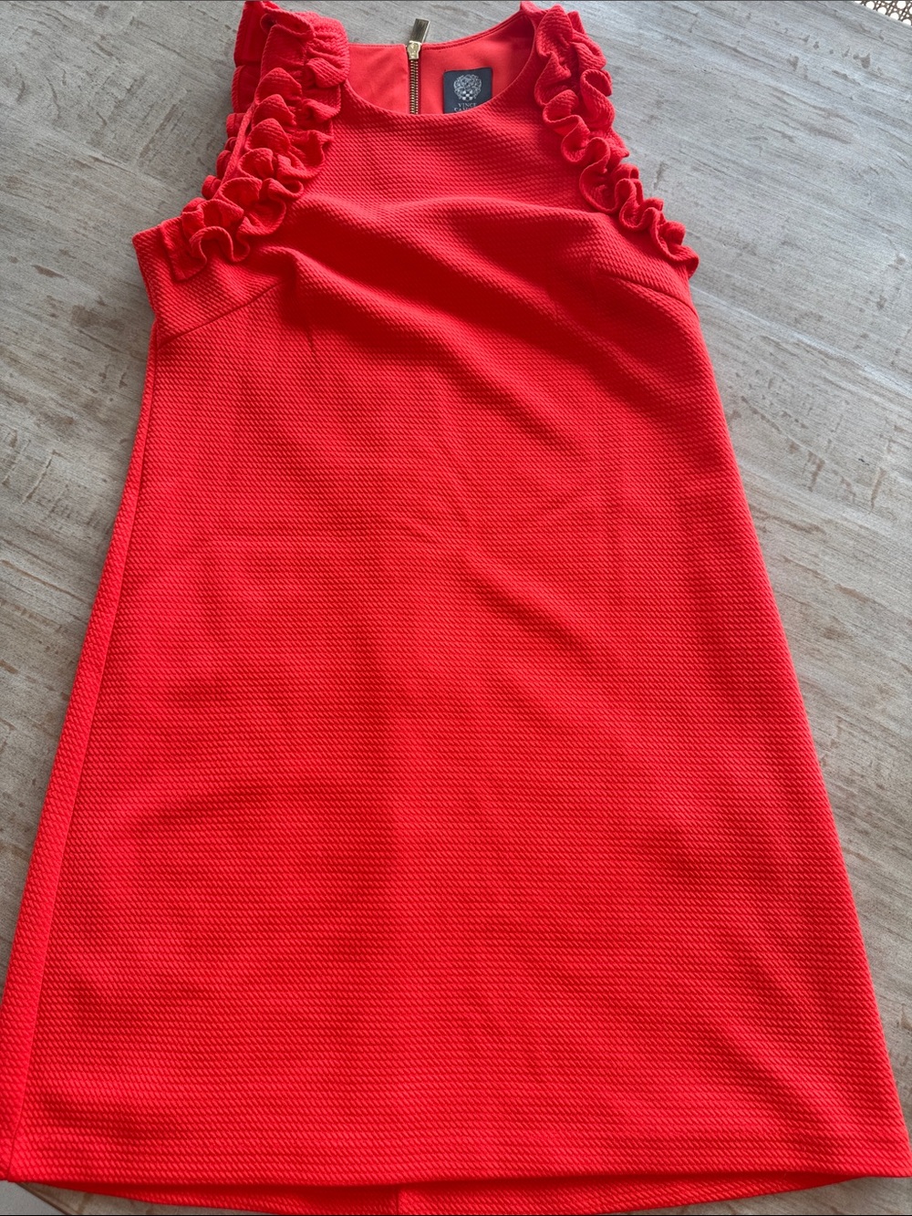 Vince Camuto Coral-Red Ruffle-Shoulder Midi Dress